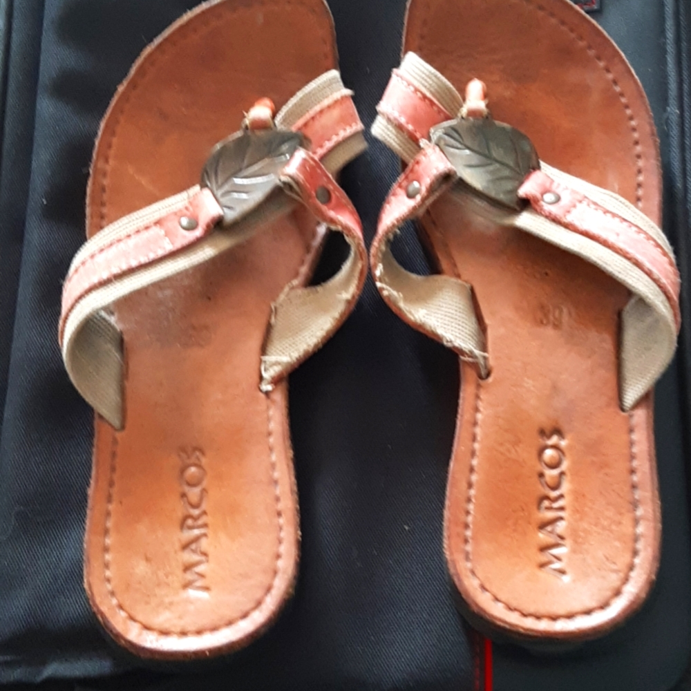 Marcos Tan Leather Sandals Brass Leaf Decor